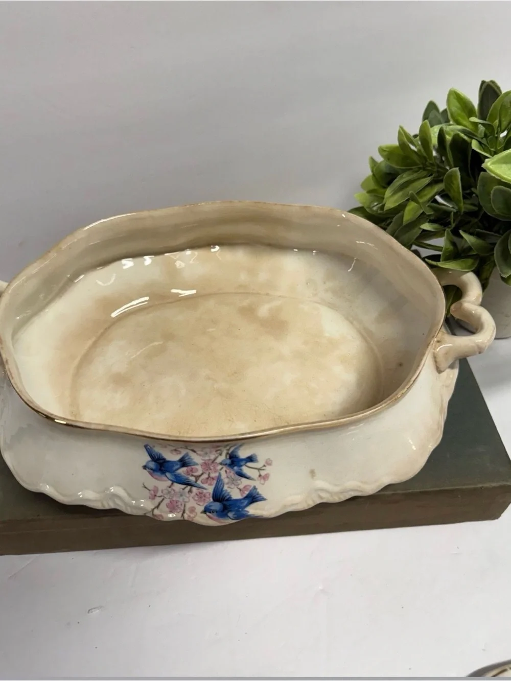 Antique Bluebird Floral Covered Serving Tureen in Cream with Blue & Pink Accents